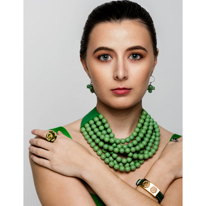Multi-Strand Green Beaded Leather Collar Necklace