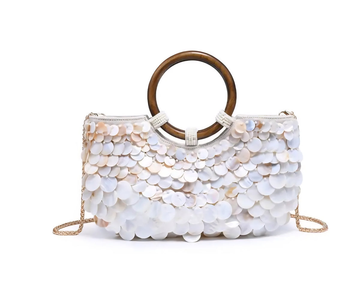 Nature Inspired Shell Handbag Iridescent Finish & Wooden Handles