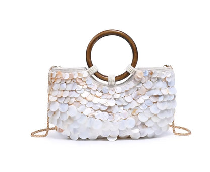 Nature Inspired Shell Handbag Iridescent Finish & Wooden Handles