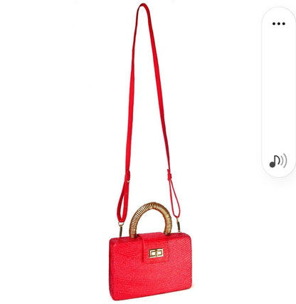 Red Clutch Bag with Gold Top Handle