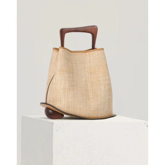 Ozzy Natural Raffia Leather Wood Handbag