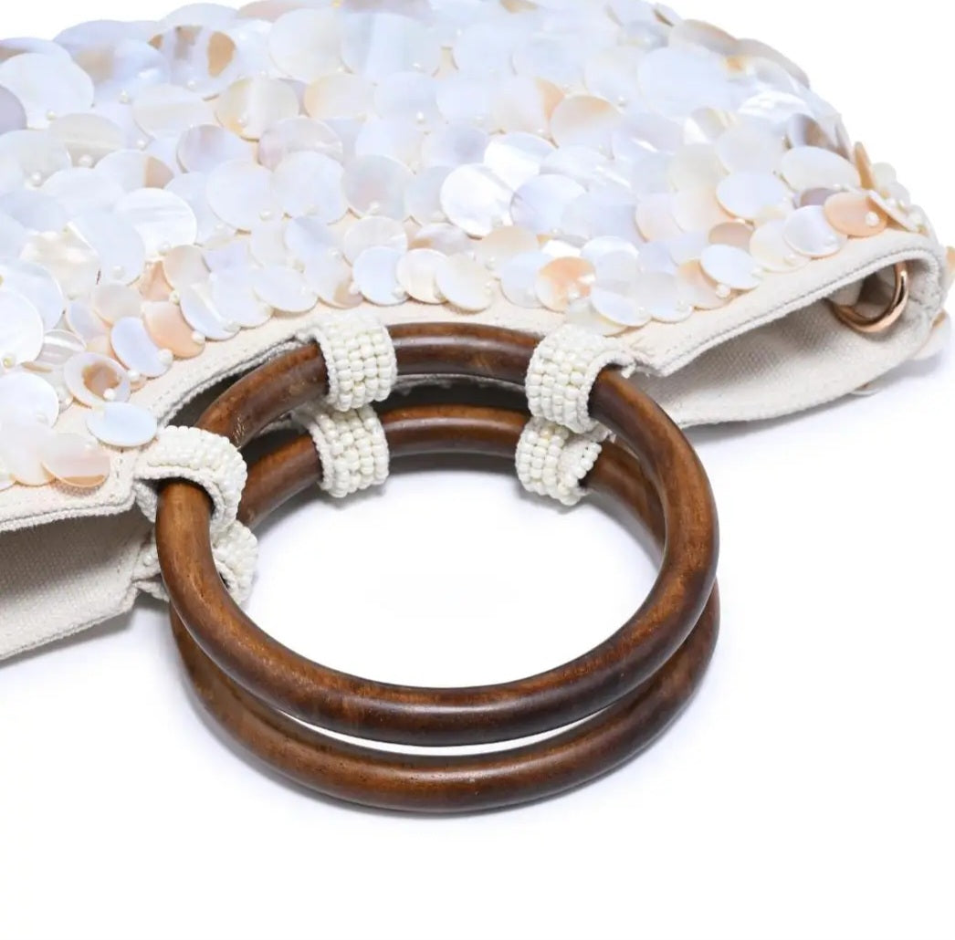 Nature Inspired Shell Handbag Iridescent Finish & Wooden Handles