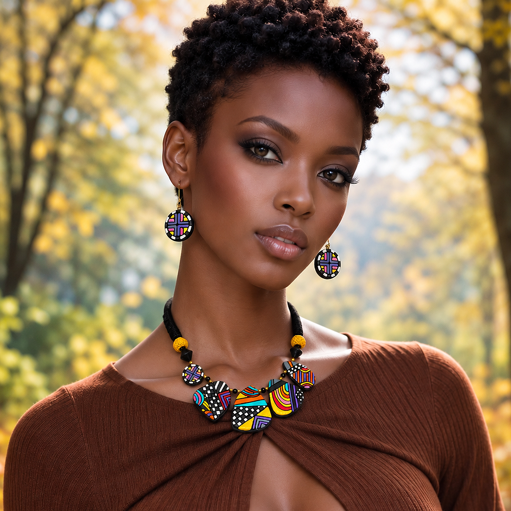 Handmade Multicolor Geometric Necklace Set Adjustable  Earthen Clay