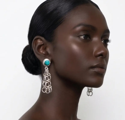 Turquoise Silver Plated Long Artisanal Lightweight Dangle Earrings