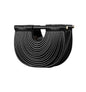Black handbag with ribbed texture on a white background