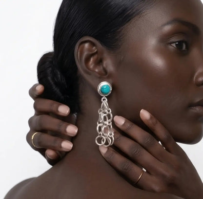 Turquoise Silver Plated Long Artisanal Lightweight Dangle Earrings