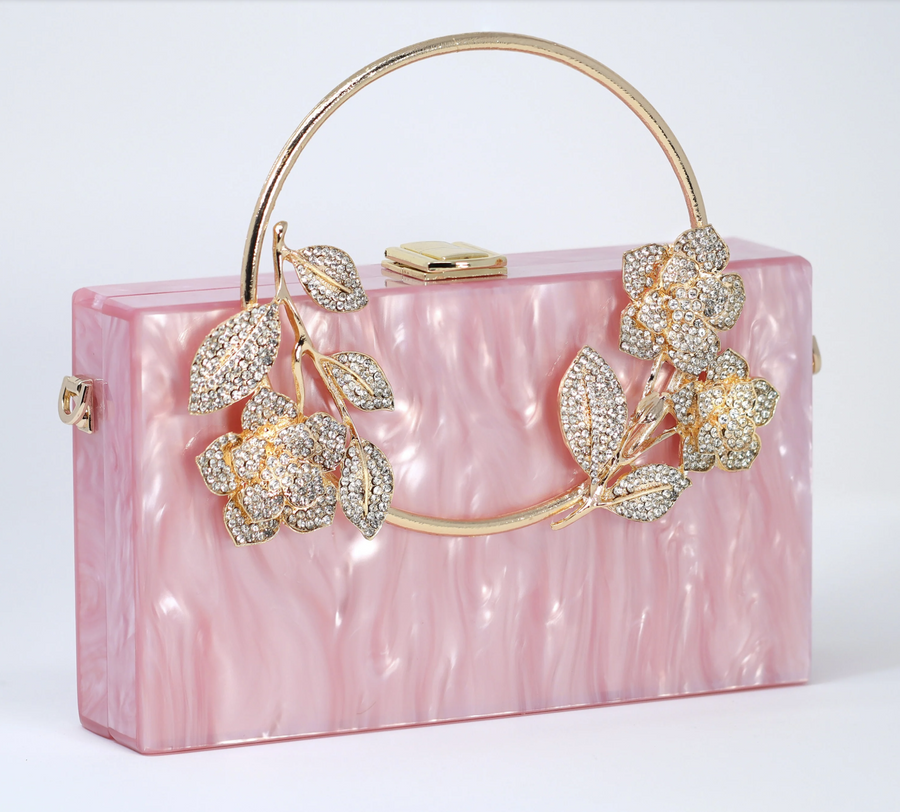 Pretty In Pink Floral Crystal Accents Acrylic Pearlescent Marble
