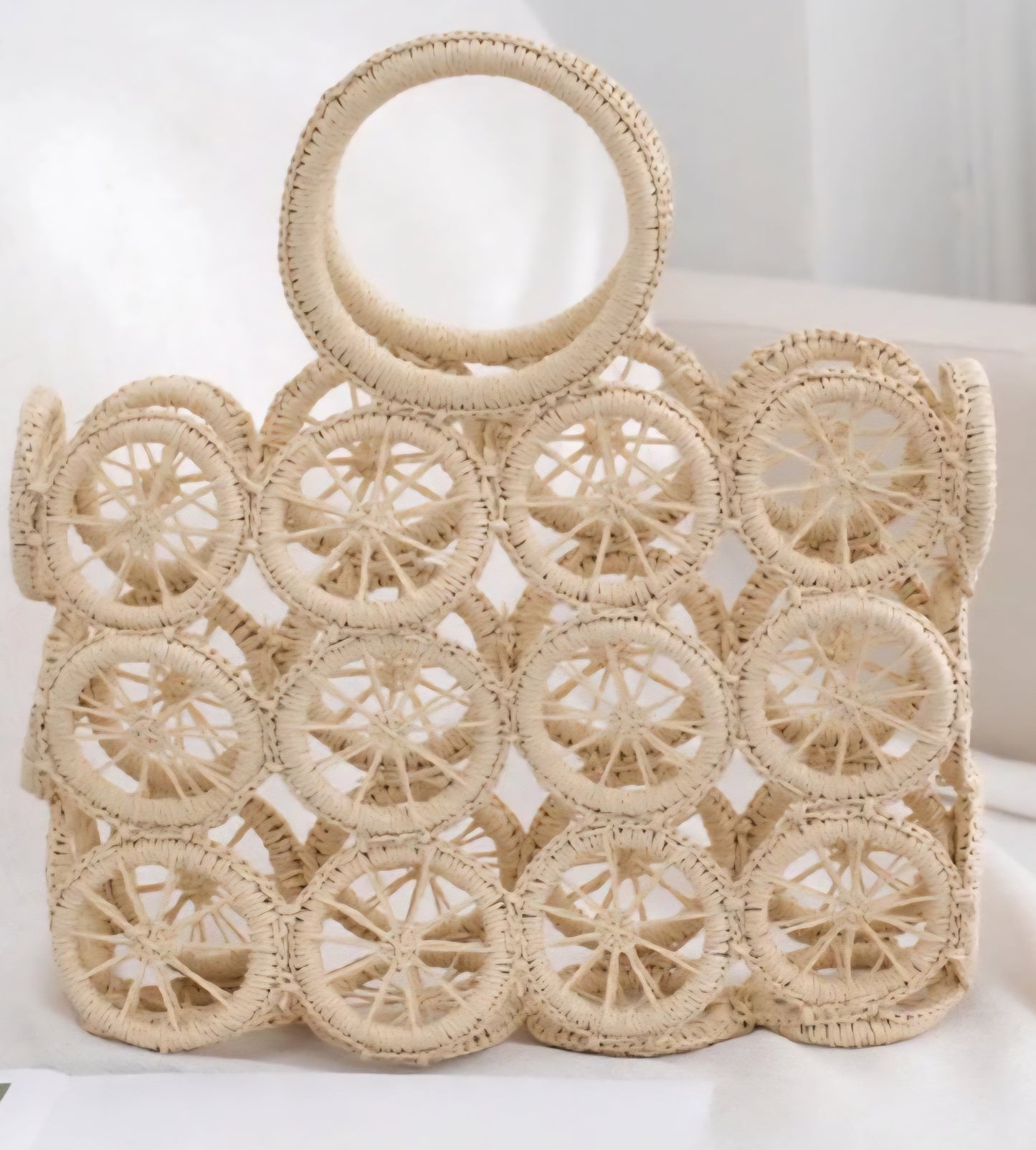Circular Pattern Tote with Cloth Drawstring Pouch | Natural, Mint Green & Tan