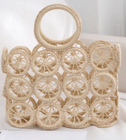Circular Pattern Tote with Cloth Drawstring Pouch | Natural, Mint Green & Tan