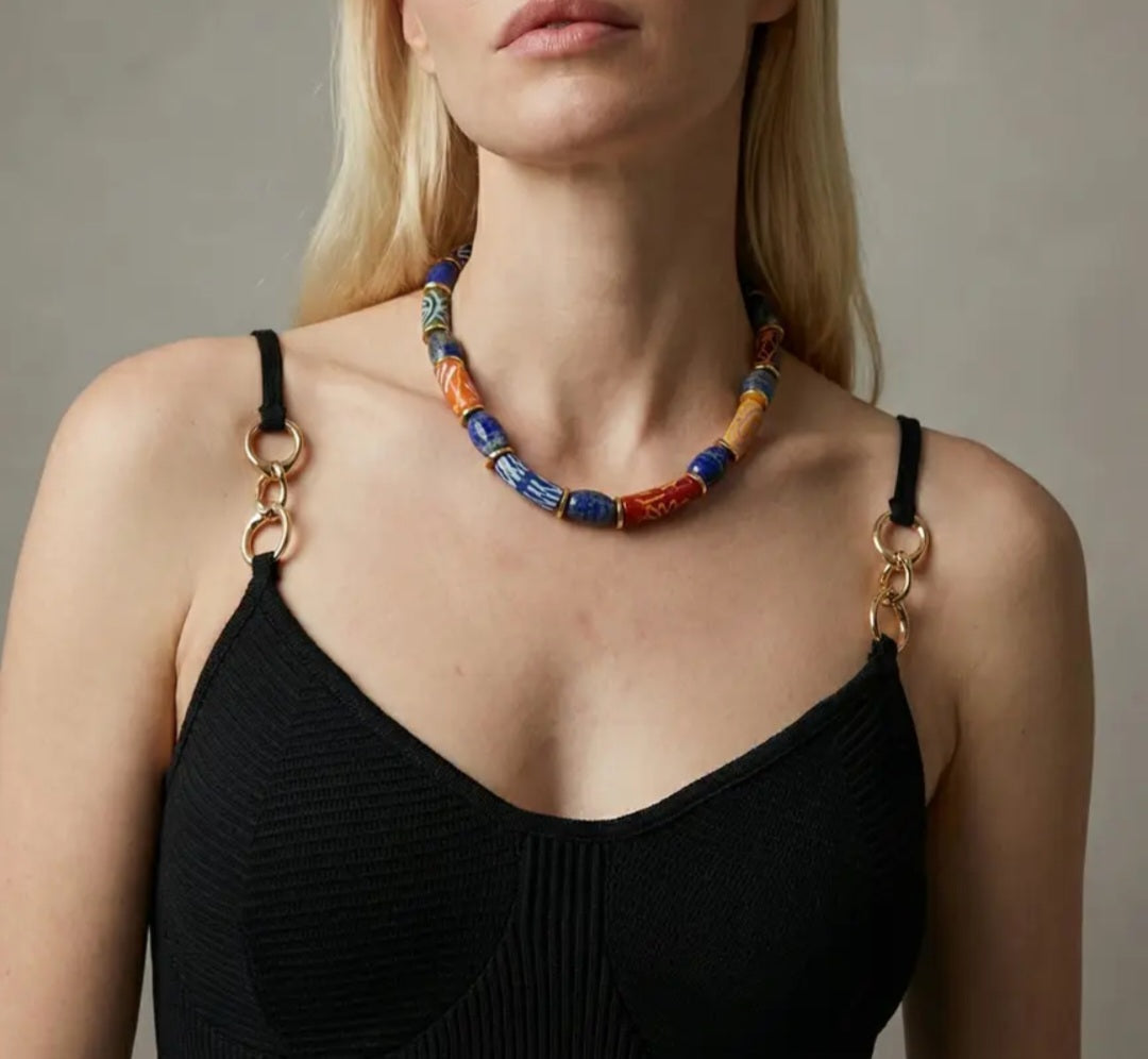 Lapis Lazuli & Ghana Glass Bead Necklace | Colorful Ghana Glass  Beads Wearable Art
