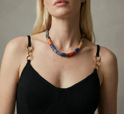 Lapis Lazuli & Ghana Glass Bead Necklace | Colorful Ghana Glass  Beads Wearable Art