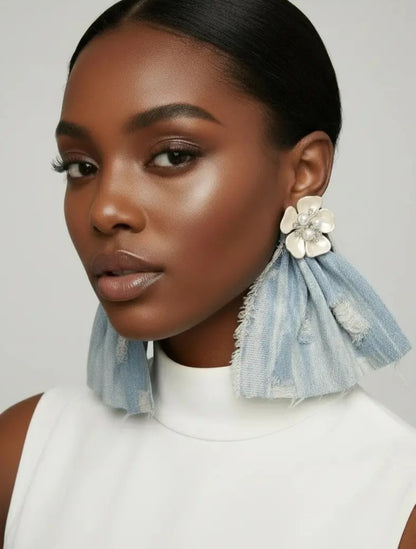 Lightweight Blue Denim and Pearl Earrings