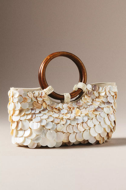 Nature Inspired Shell Handbag Iridescent Finish & Wooden Handles
