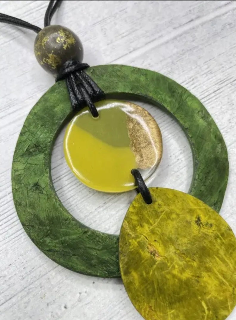Green Yellow Bangle Pendant w Black Cord Necklace