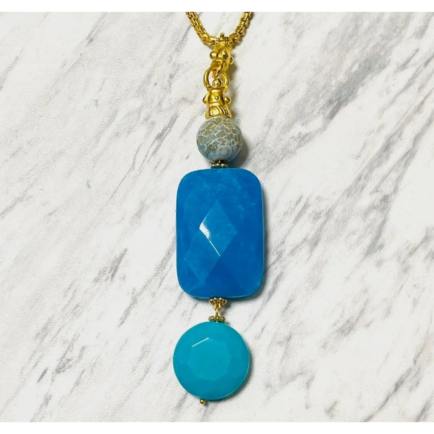Ocean Agate Blue Pendant Matte Gold Chain Necklace