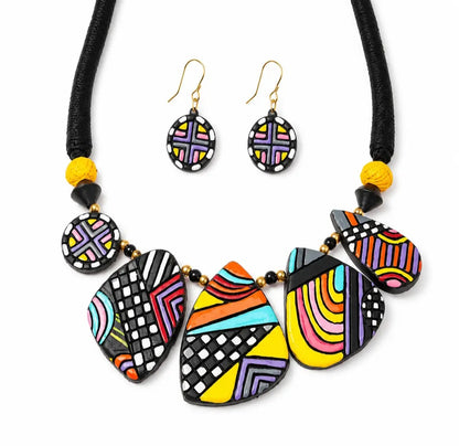 Handmade Multicolor Geometric Necklace Set Adjustable  Earthen Clay