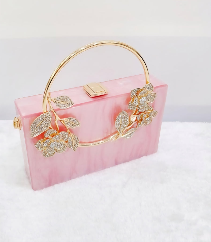 Pretty In Pink Floral Crystal Accents Acrylic Pearlescent Marble