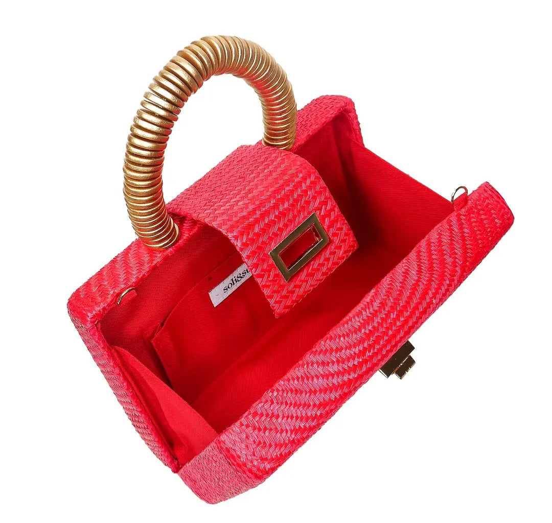 Red Clutch Bag with Gold Top Handle