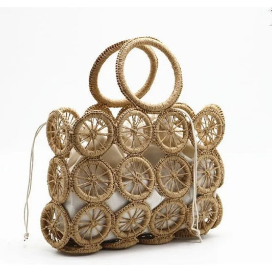 Circle Disc Woven Straw Tote Bag