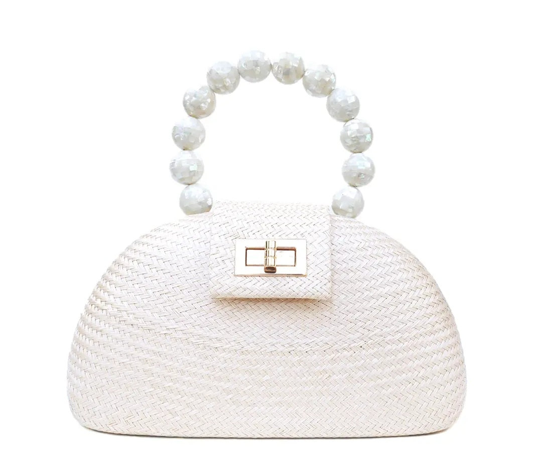 Semi Circle Cream Clutch with Shell Pearl Handle – Milky White, Handcrafted