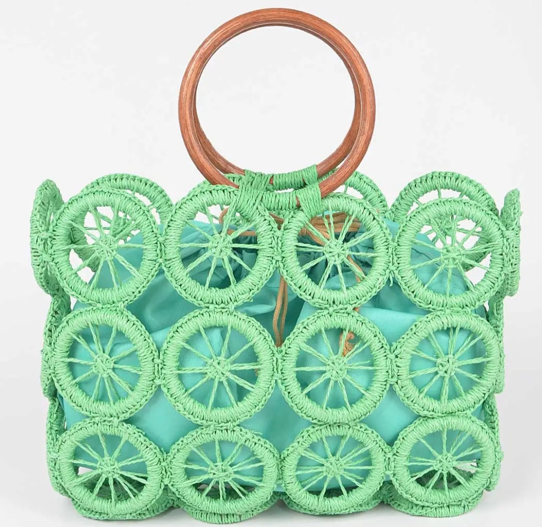Circular Pattern Tote with Cloth Drawstring Pouch | Natural, Mint Green & Tan