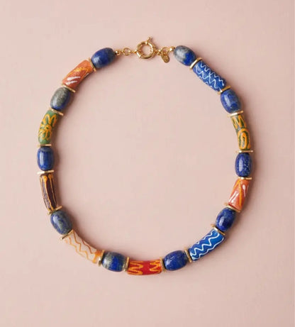 Lapis Lazuli & Ghana Glass Bead Necklace | Colorful Ghana Glass  Beads Wearable Art