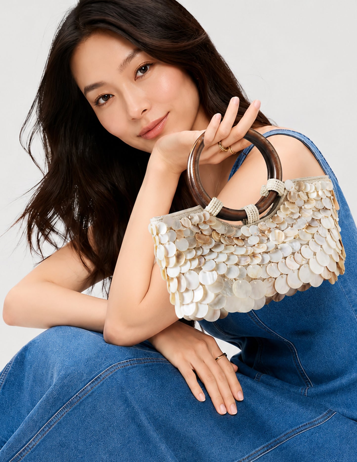 Nature Inspired Shell Handbag Iridescent Finish & Wooden Handles