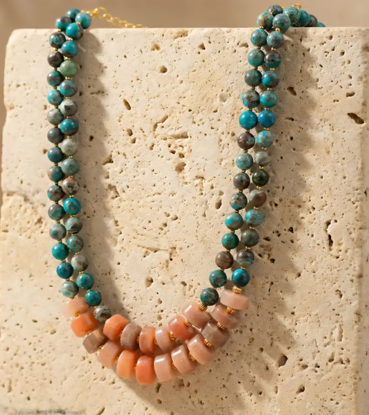 Double Strand Ocean Jasper & Sunstone Necklace with Gold Hematite Accent Stones