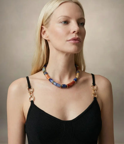 Lapis Lazuli & Ghana Glass Bead Necklace | Colorful Ghana Glass  Beads Wearable Art