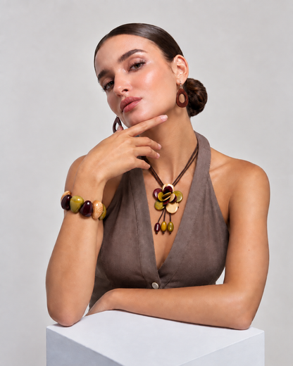 Tagua Adjustable Necklace in Brown, Green & Ivory | Vegan “Ivory” Floral Pendant