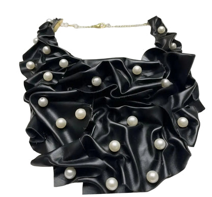 Handcrafted Black and Pearl Bib Necklace Necklace