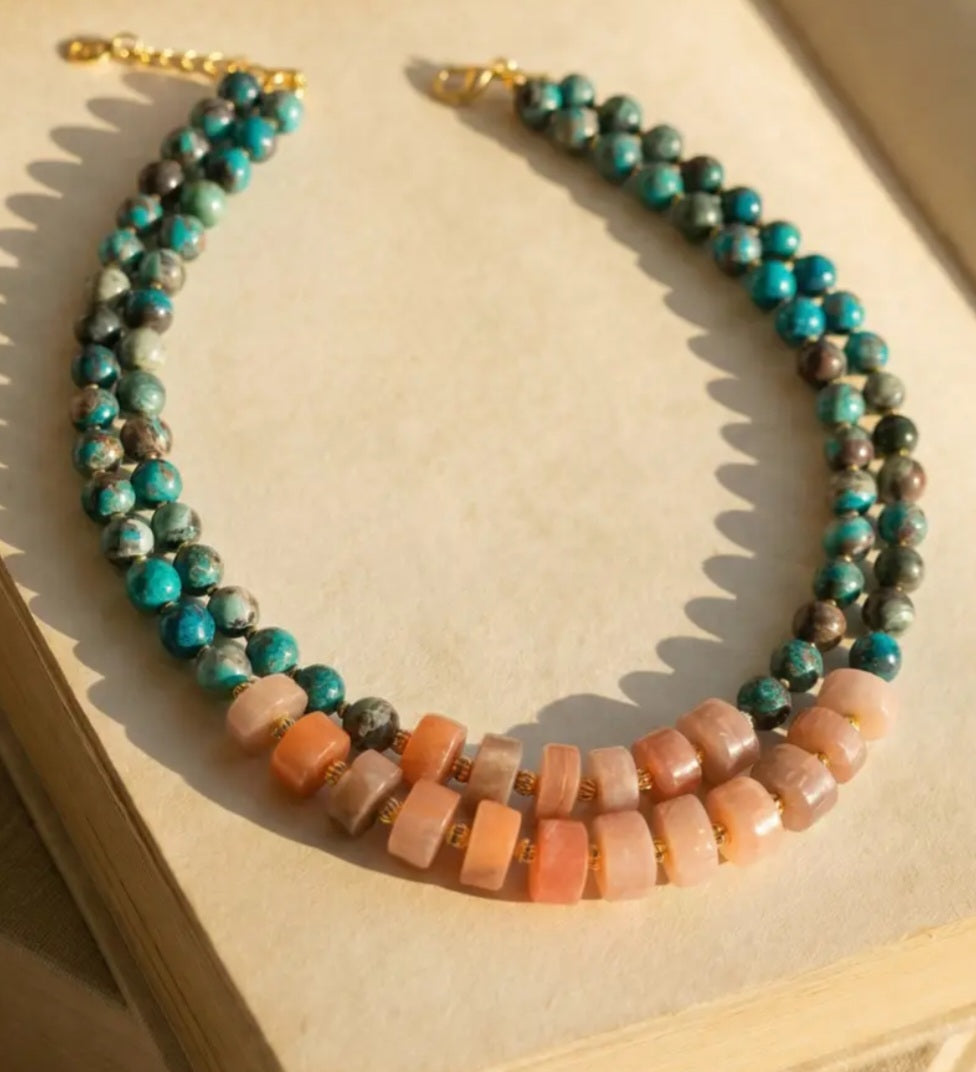 Double Strand Ocean Jasper & Sunstone Necklace with Gold Hematite Accent Stones