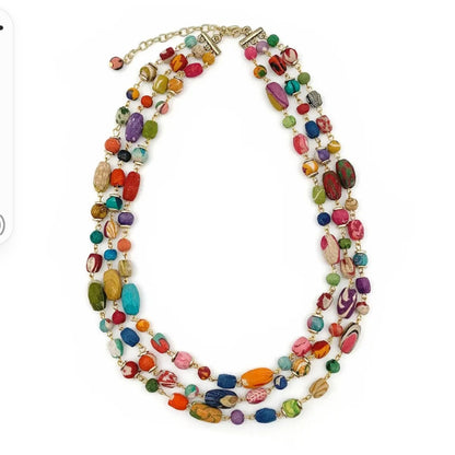 Asha Triple Strand Statement Mixed Shaped Beads with Gold Links