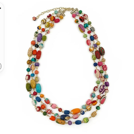 Asha Triple Strand Statement Mixed Shaped Beads with Gold Links