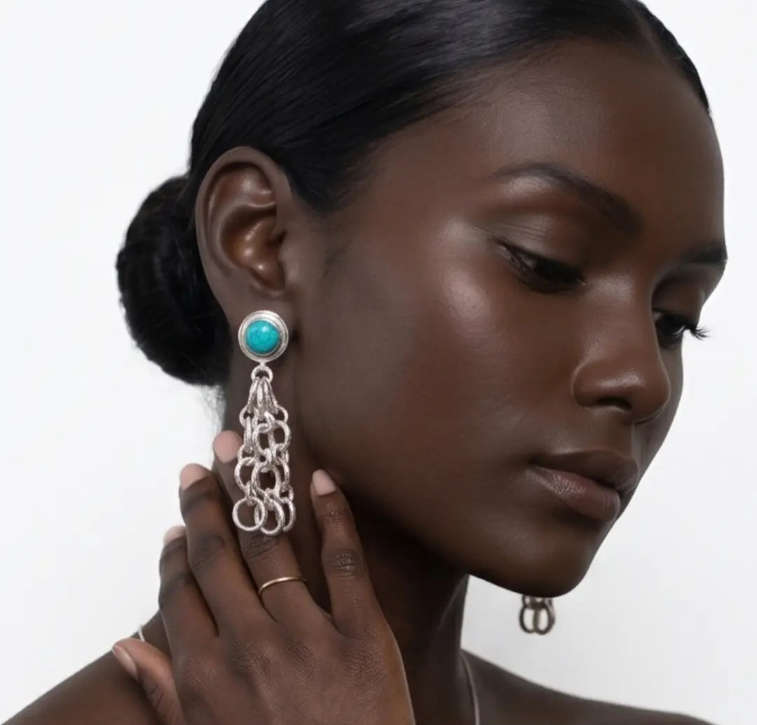 Turquoise Silver Plated Long Artisanal Lightweight Dangle Earrings