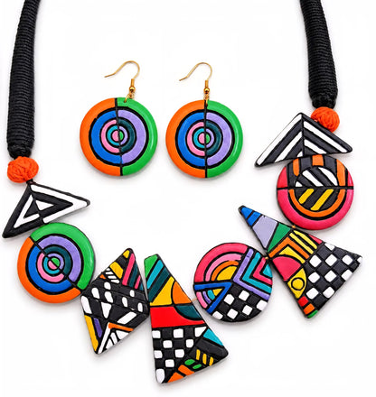 Handcrafted Clay Jewelry Set – Adjustable Lightweight Colorful Geometric Necklace & Earrings