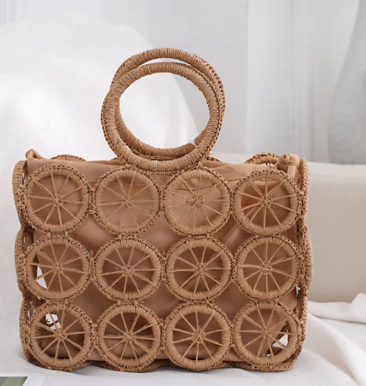 Circular Pattern Tote with Cloth Drawstring Pouch | Three Colors Natural, Mint Green & Tan
