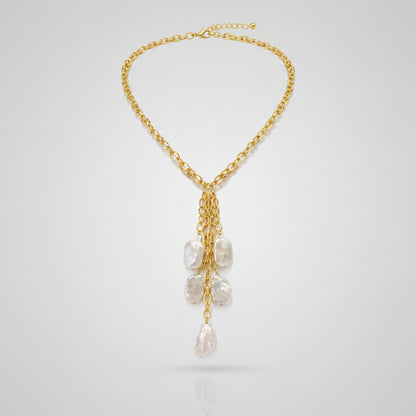 Mykonos Tassel Pearl Necklace | Curved Gold Chain
