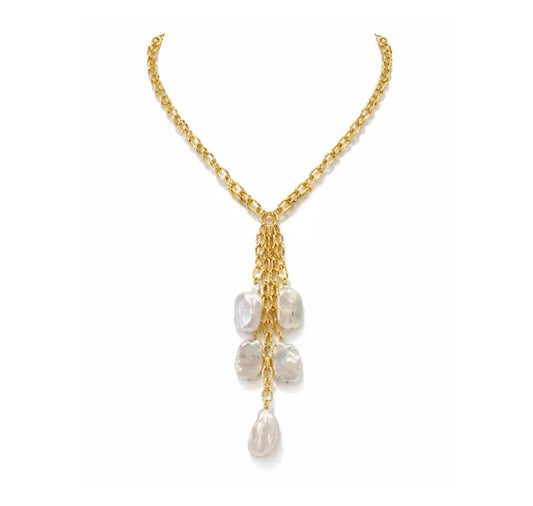 Mykonos Tassel Pearl Necklace | Curved Gold Chain