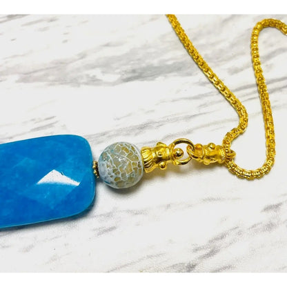 Ocean Agate Blue Pendant Matte Gold Chain Necklace