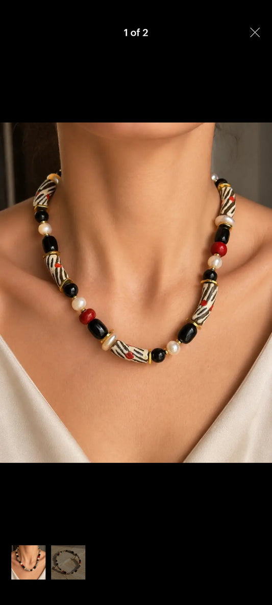 Necklace Onyx Freshwater Pearls and Ghana Beads