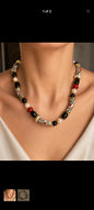 Necklace Onyx Freshwater Pearls and Ghana Beads