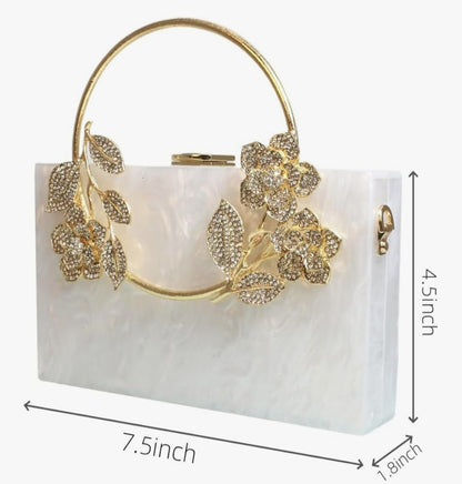 Milky White Acrylic Clutch Gold Hardware Crystal Floral Embellishments