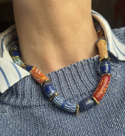 Lapis Lazuli & Ghana Glass Bead Necklace | Colorful Ghana Glass  Beads Wearable Art