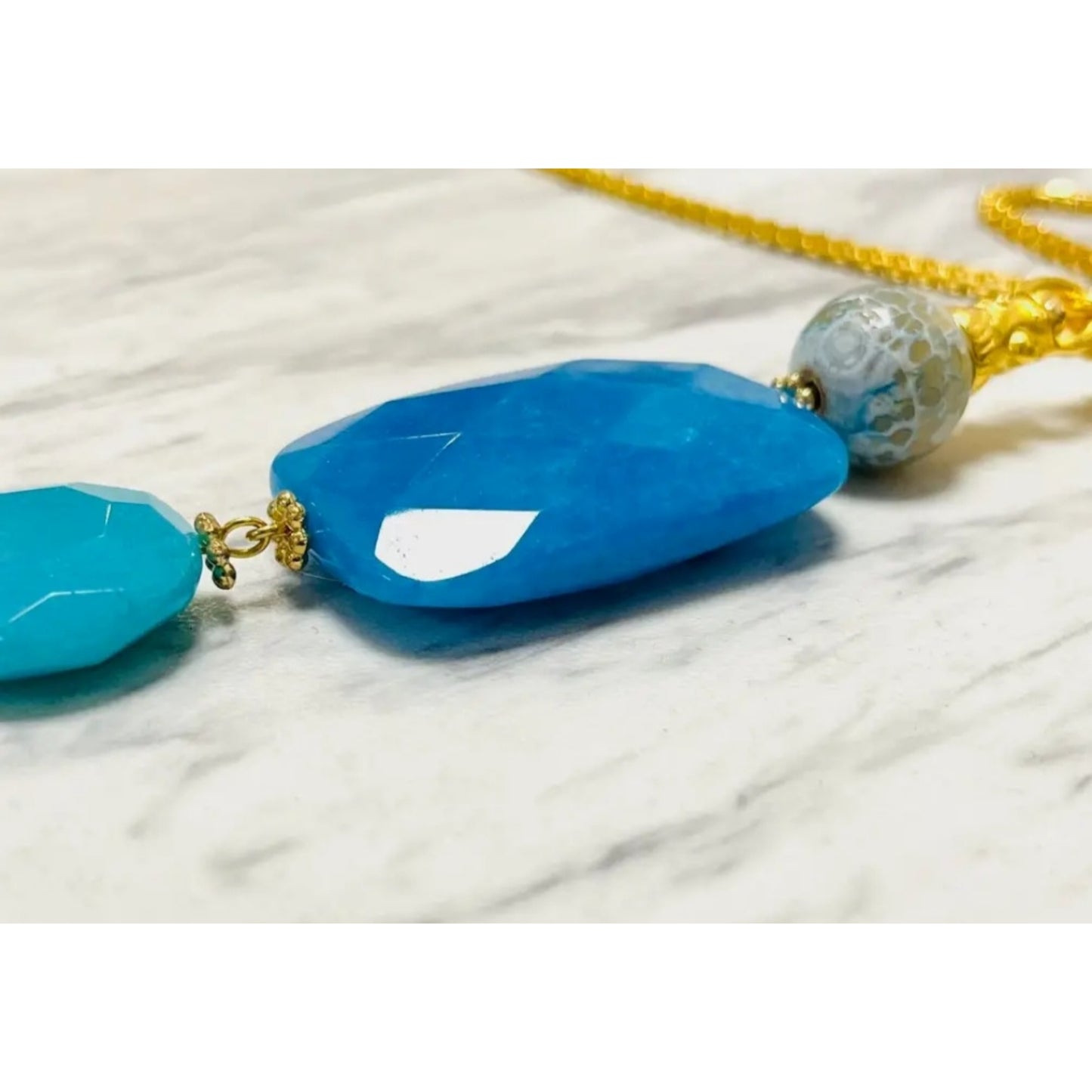 Ocean Agate Blue Pendant Matte Gold Chain Necklace