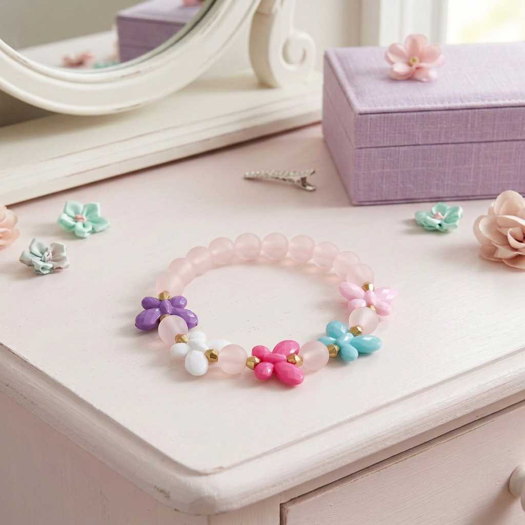 Child-sized pastel butterfly bead bracelet displayed on a girl’s dresser