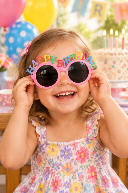 Toddler girl wearing the exact pink Happy Birthday sunglasses at a party
