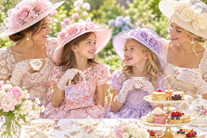 Two little girls and their moms at a garden tea party, dressed in fancy hats and lace gloves, one girl carrying the sparkly bow pearl purse