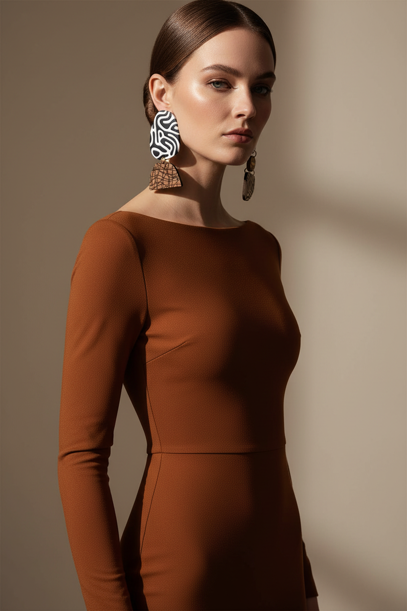 White model in a cognac body-con dress wearing the Nexus earrings from the attached product photo