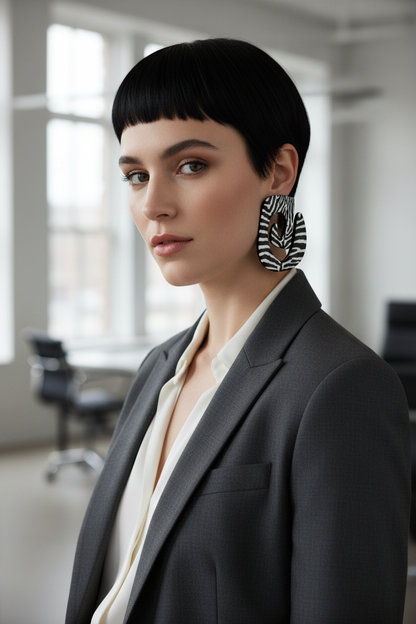 White model with black pixie haircut in office attire wearing the Nala zebra print statement earrings